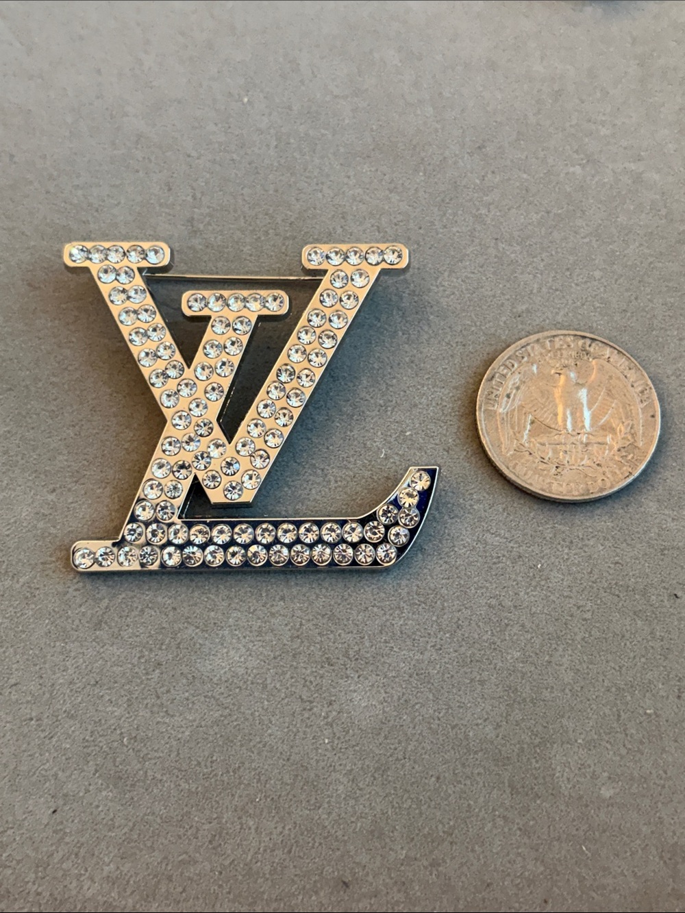Silver-Tone LV Logo Brooch with Clear Crystals - Picture 3 of 3